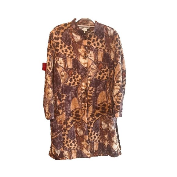 Diane Gilman Browns100% Silk Duster Cardigan Boho Vtg Mandarin Collar - Picture 1 of 9